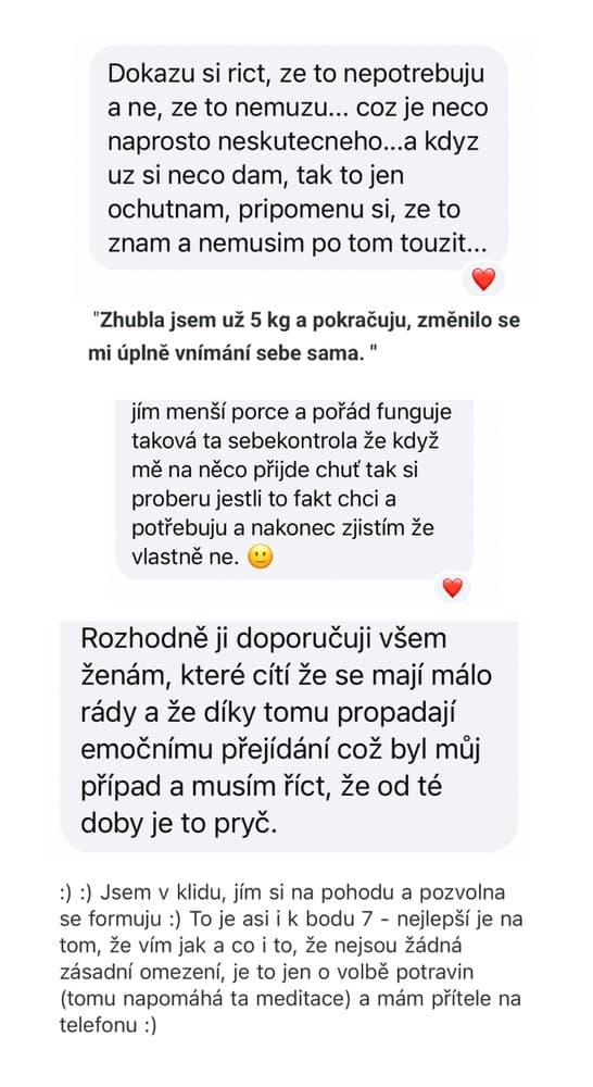 Screenshot zpráv od klientky o zhubnutí a změně vnímání sebe sama