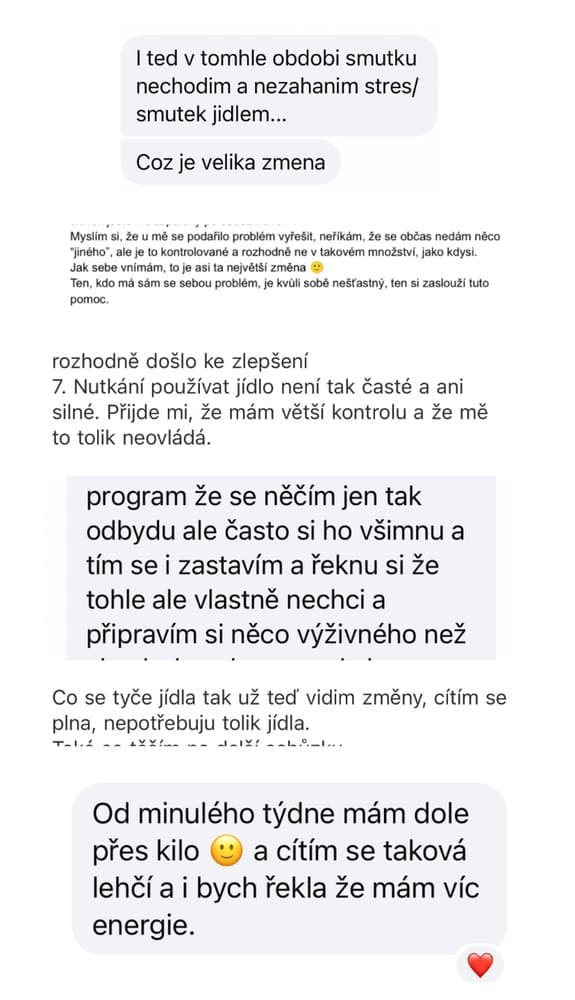 Screenshot zpráv od klientky o zlepšení vztahu k jídlu